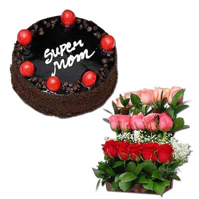 "Round shape Chocolate cake - 1kg, Flower Arrangement - Click here to View more details about this Product